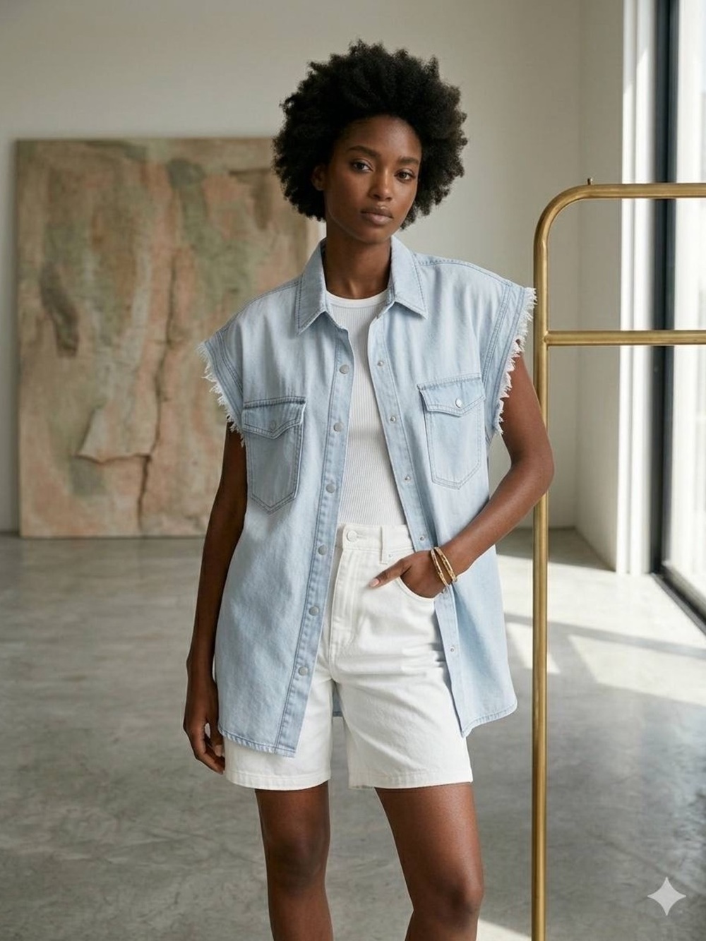 Light Blue Sleeveless Denim Button-Down Shirt - Women Tops